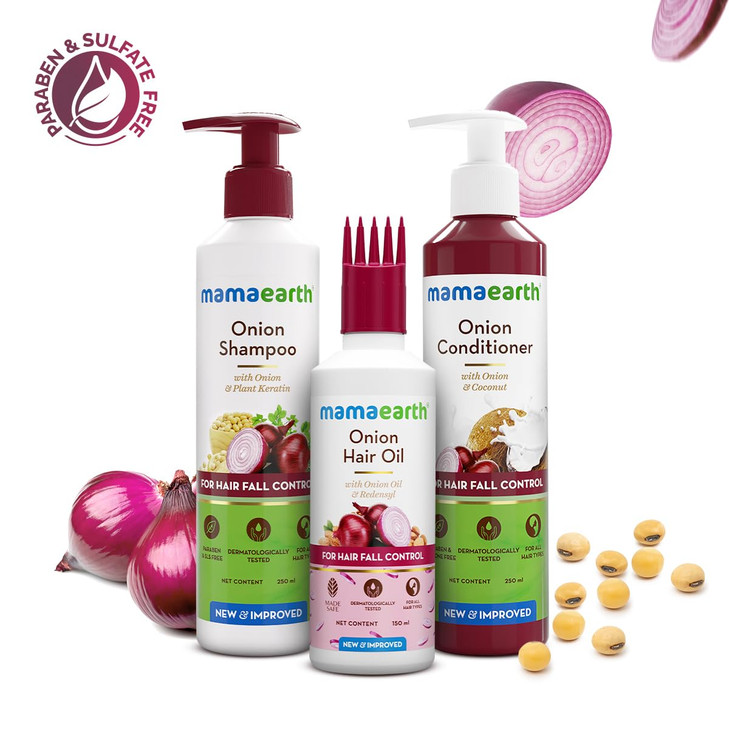 Mamaearth Onion Hair Care Kit - Hair Fall Control with 150ml Onion Oil & Shampoo + Conditioner (250ml Each) | Anti Hair Loss & Growth Formula | 3 Pie