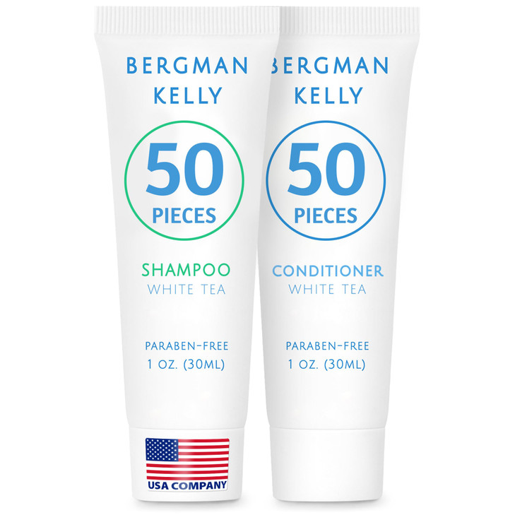 Bergman Kelly - Travel Shampoo and Conditioner Set - 1 fl oz, 100 Pieces, White Tea - Delight Your Guests with Revitalizing and Refreshing Hotel Toil