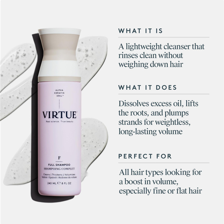 VIRTUE Full Sulfate Free Volumizing Shampoo Thickens Hair, Safe for All Hair Types, Color Safe