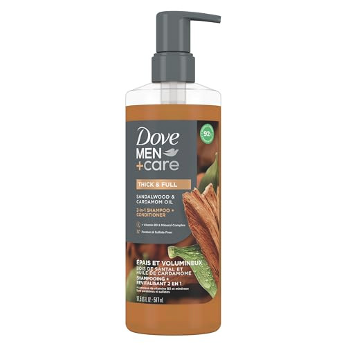 DOVE MEN + CARE 2-in-1 Shampoo + Conditioner Sandalwood & Cardamom Oil for Thick & Full Hair, + Vitamin B3 & Mineral Complex, 17.5 oz