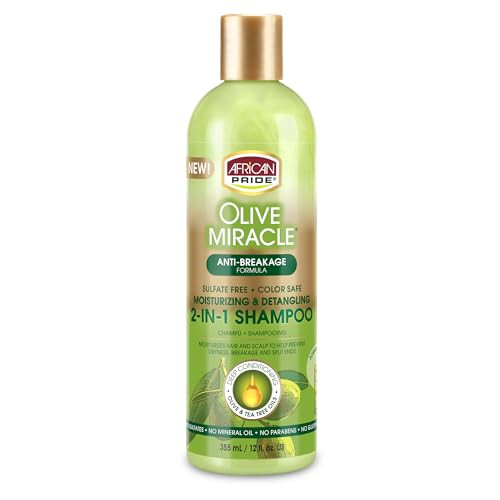 African Pride Olive Miracle 2 in 1 Shampoo & Conditioner, Moisturizing & Detangling for Coily & Curly Hair, with Olive Oil & Flaxseed Oil, 12 oz