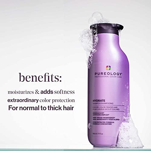 Pureology Hydrate Shampoo - For Dry or Color Treated Hair, Moisturizing Shampoo For Hydration & Softness, With Rose Extract & Green Tea, Vegan & Sulf