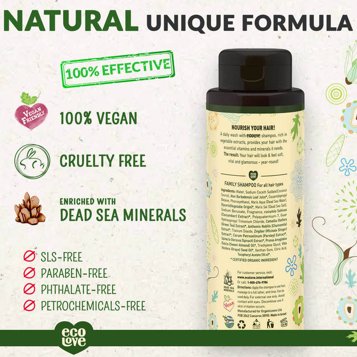 ecoLove - Natural Shampoo for All Hair Types,Sodium lauryl sulfate Free, Vegan & Cruelty Free Shampoo, Organic Cucumber Extract, No SLS or Parabens,