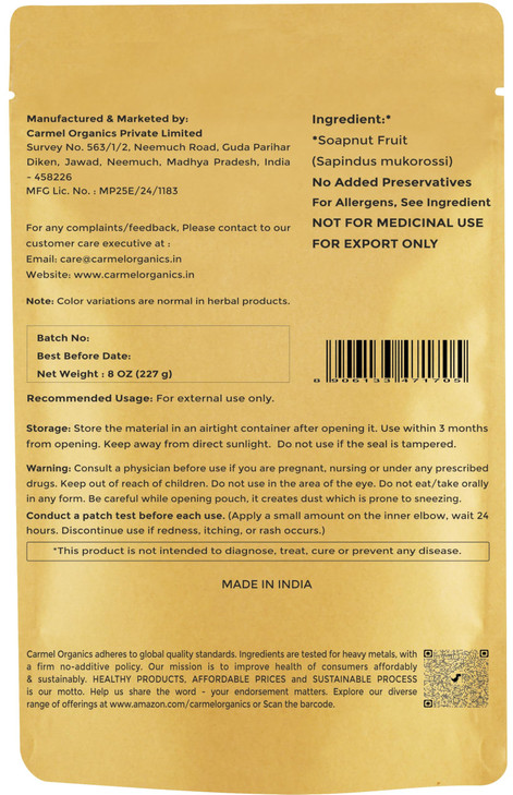 CARMEL ORGANICS Soapnut/Aritha/Reetha Powder (8 Oz or 227 Grams) for hair care | Natural | No Added Preservatives and Additives | Sapindus Mukorossi