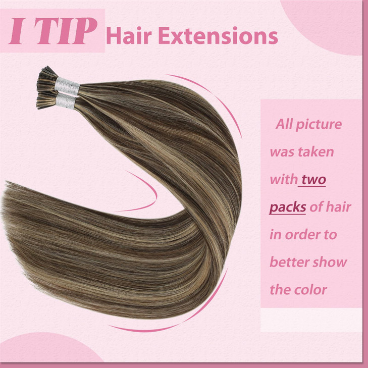 YoungSee 50g Itip Human Hair Extensions Brown I Tip Hair Extensions Human Hair Highlight Dark Brown with Caramel Blonde Itips Extensions 14In 80 Stra