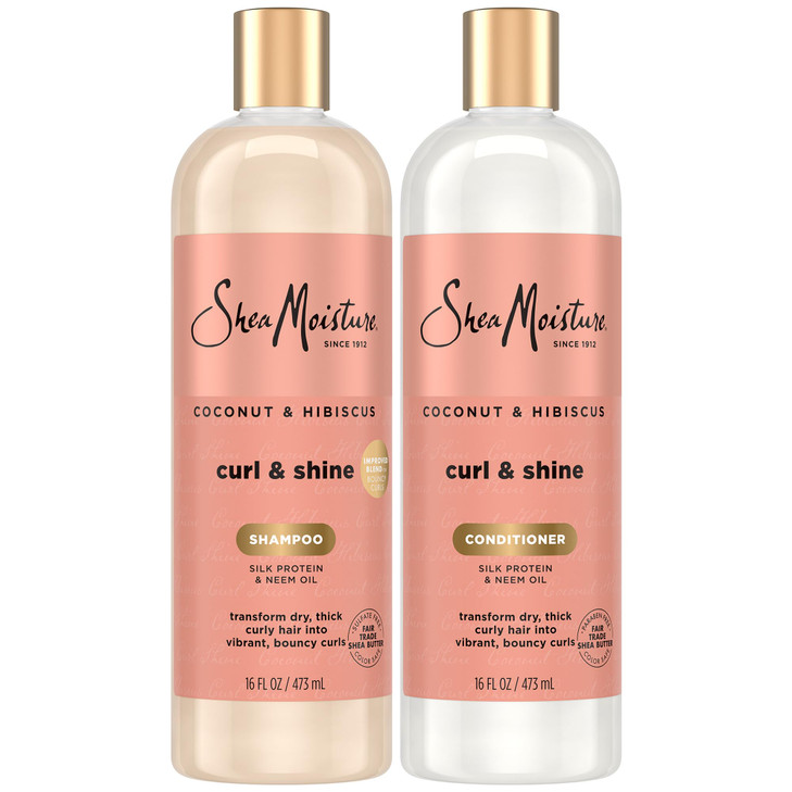 SheaMoisture Coconut & Hibiscus Curl & Shine Shampoo & Conditioner for Bouncy Curls, Frizz Control, 16 Oz Ea