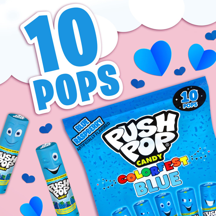 Push Pop Easter Blue Hard Candy Lollipops, 10 Ct Bulk Candy Individually Wrapped in Blue Raspberry Flavor, Lollipops For Easter Basket Stuffers, Part