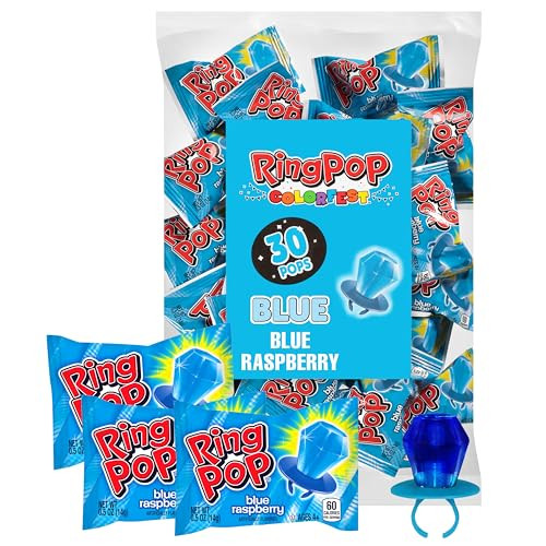 Ring Pop Blue Candy, 30 Ct Individually Wrapped Bulk Lollipop Pack, Blue Raspberry Flavored Lollipop Suckers for Kids, Fun Football Candy Bulk for Va
