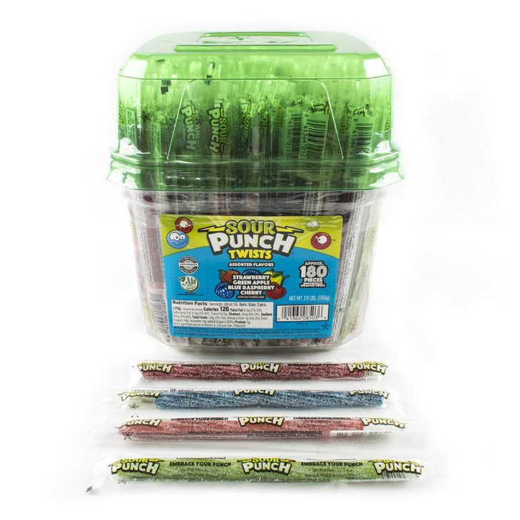 Sour Punch Sour Punch Twists, 6" Individually Wrapped Soft & Chewy Candy, 4 Fruit Flavors, 3.9-LB Tub, 3.9 lb