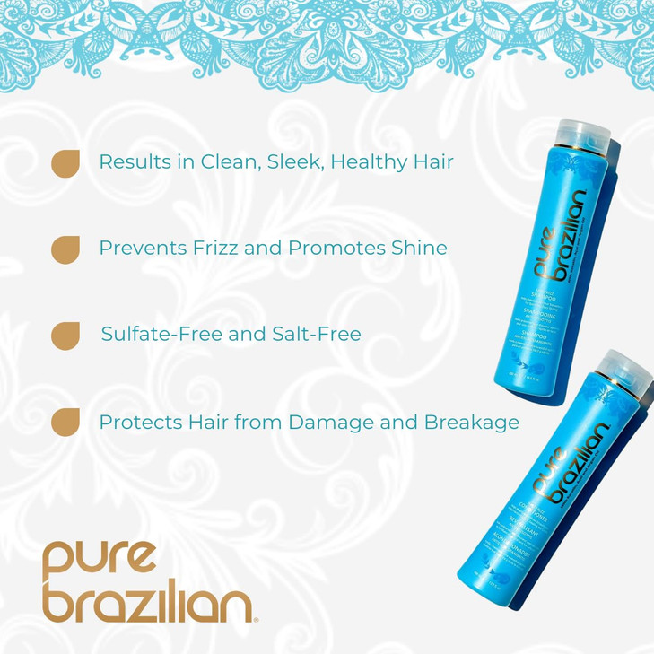 Pure Brazilian Anti-Frizz Daily Shampoo & Conditioner, Salt-Free & Color Safe, Enriched with Keratin, Argan Oil & Acai, 13.5 Ounce (400 Milliliter)