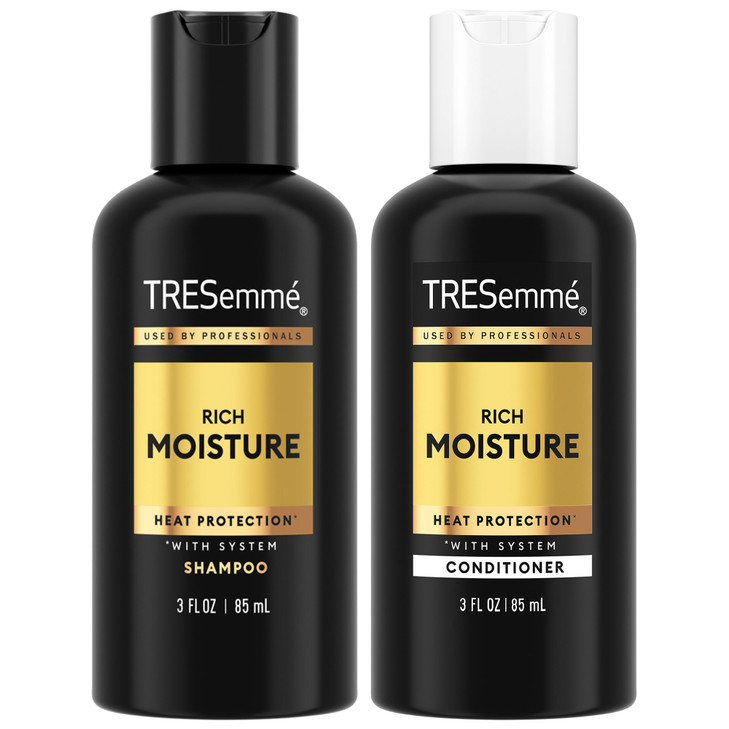 TRESemmé Travel Essentials, Rich Moisture Shampoo and Conditioner Set, Hydrating Hair Detangler with Hyaluronic Acid, 3 Oz Ea
