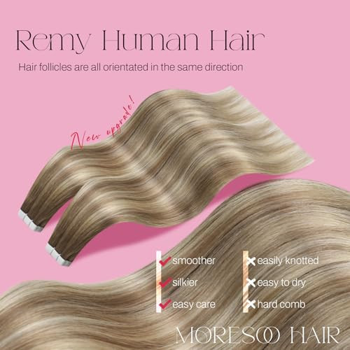 Moresoo Tape in Hair Extensions Human Hair Ombre Ash Brown to Blonde Mix with Light Blonde Hair Extensions Tape in Real Human Hair Balayage Glue in E