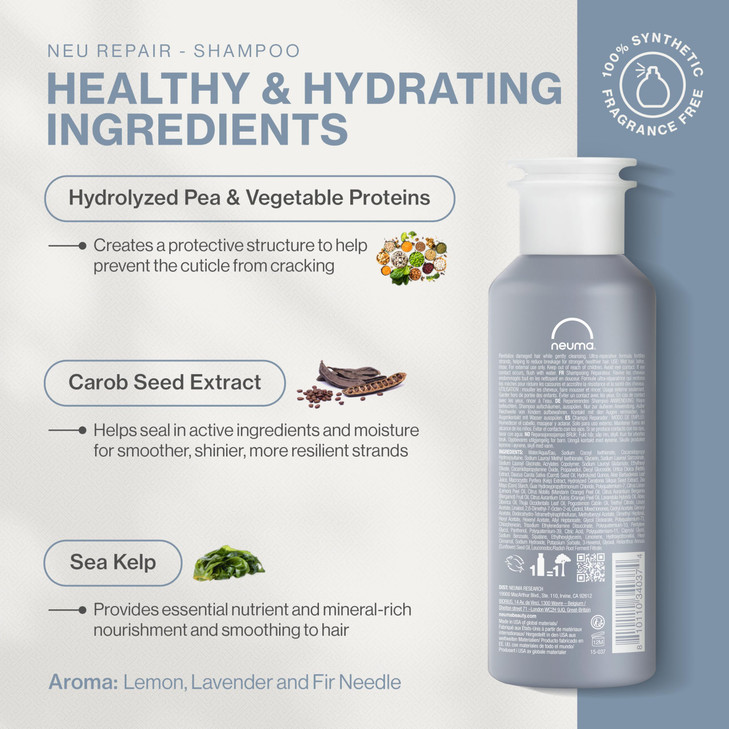 Neuma Neu Repair Shampoo 8.5 Fl. Oz. Sulfate Free Shampoo for Damaged Hair - Revitalizes, Cleanses, Fortifies, and Reduces Breakage, Lemon, Lavender