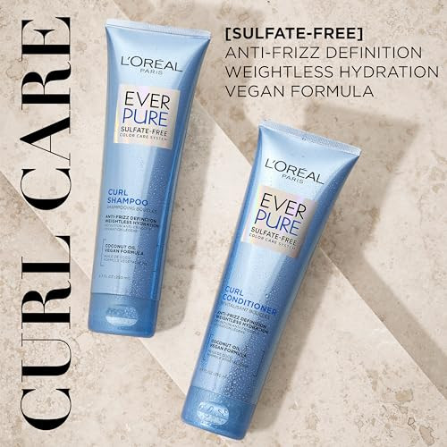 L'Oreal Paris Sulfate Free Shampoo and Conditioner for Curly Hair, Lightweight, Anti-Frizz Hair Care with Coconut Oil, EverPure, 8.5 Fl Oz, Set of 2
