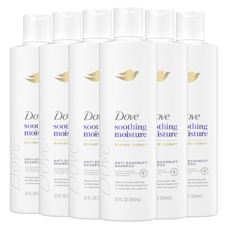 Dove Damage Therapy Derma Shampoo Soothing Moisture Pack of 6 for Flaky Scalp with Pyrithione Zinc and Almond Oil 12 Fl Oz