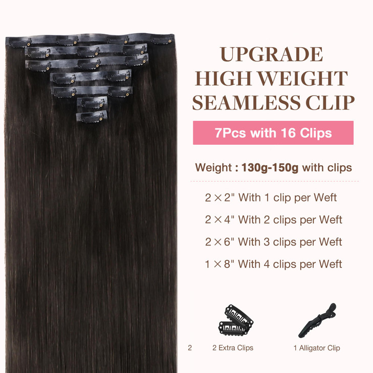 GOO GOO Clip in Hair Extensions Real Human Hair, Remy Human Hair Extensions Clip ins for Women, Natural Human Hair, 22inch 150g 7Pcs, 2 Dark Brown