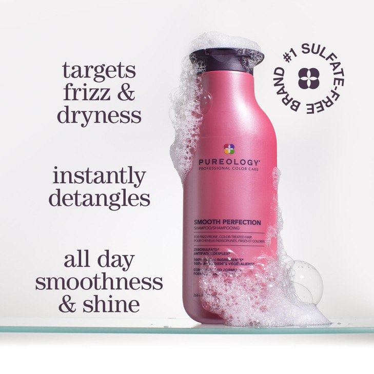 Pureology Smooth Perfection Shampoo - For Frizzy and Color Treated Hair, Smooths Hair & Controls Frizz, Sulfate-Free & Vegan, 9 Oz