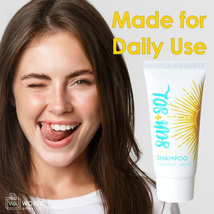 World Amenities - Sun + Sol Bulk Cleansing Shampoo with Warm Coconut & Vanilla Fragrances, Travel Size Toiletries, Mini Hotel Amenities, 0.7 Oz, 50 C
