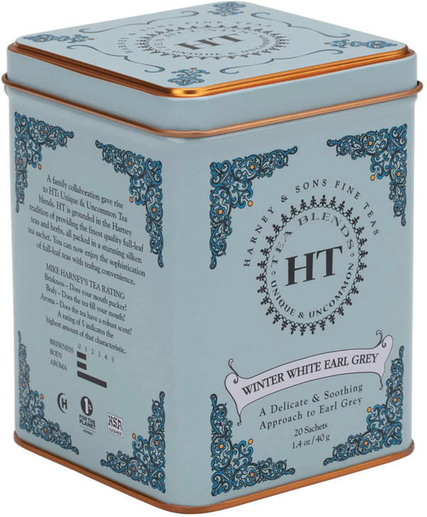 Harney & Son's Mothers Day Winter White Earl Grey Tea (20 Sachets, 1.4oz Tin) - Chinese White Tea Blended with Natural Lemony Bergamot - Caffeinated,