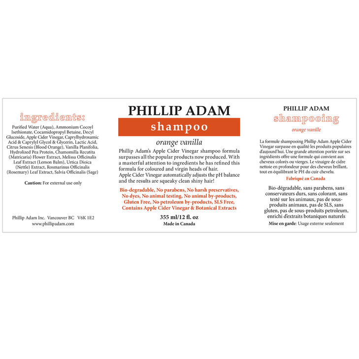 Phillip Adam Orange Vanilla Shampoo for Shiny Hair - Enriched with Apple Cider Vinegar - Sulfate Free - 12 Ounce