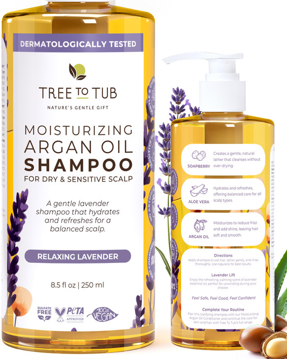 Tree to Tub Lavender Dry Hair Shampoo for Sensitive Scalp - Gentle Hydrating Dry Scalp Shampoo for Women & Men, Moisturizing Sulfate Free Shampoo w/O