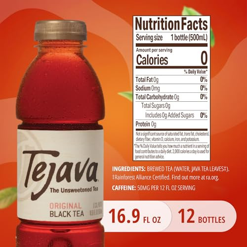 Tejava Original Unsweetened Black Iced Tea, 12 Pack, 16.9oz PET Bottles, Non-GMO, Kosher, No Sugar or Sweeteners, No calories, No Preservatives, Brew