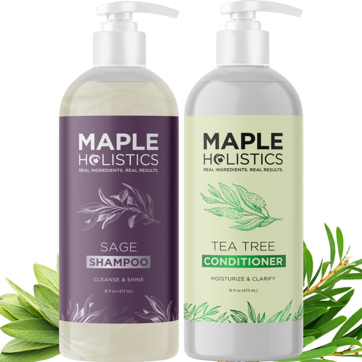 Sulfate Free Shampoo and Conditioner Set - Tea Tree Sage and Rosemary Shampoo and Conditioner for Dry Flaky Scalp Care - Deep Cleansing Color Safe Sh