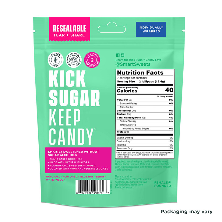 Smart Sweets, Blue Raspberry Watermelon Lollipops Multipack, 3 Ounce