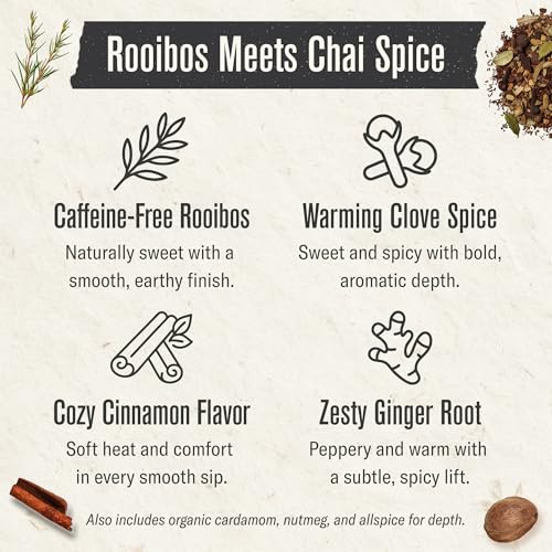 Numi Organic Rooibos Chai Tea, 18 Herbal Bags, Microplastic Free, Rich Flavor with Cinnamon, Allspice & Ginger, Caffeine Free