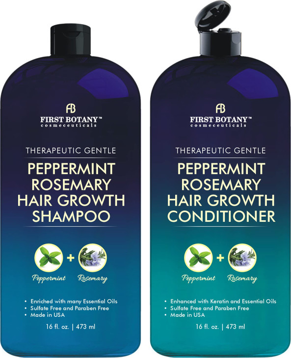 First Botany, Peppermint Rosemary Hair Regrowth and Anti Hair Loss Shampoo and Conditioner Set - Daily Hydrating, Detoxifying, Volumizing Shampoo and