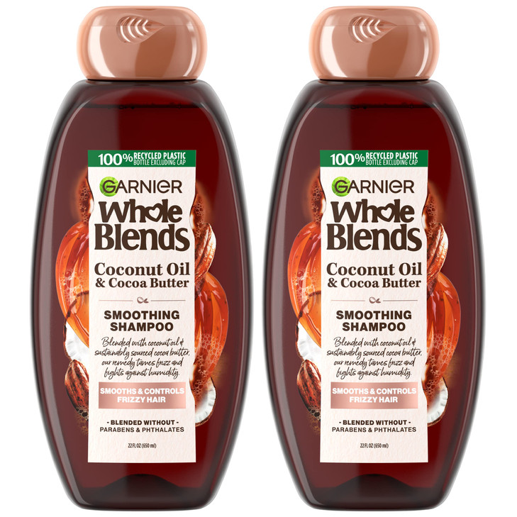 Garnier Whole Blends Coconut Oil & Cocoa Butter Smoothing Shampoo for Frizzy Hair, 22 Fl Oz, 2 Count (Packaging May Vary)