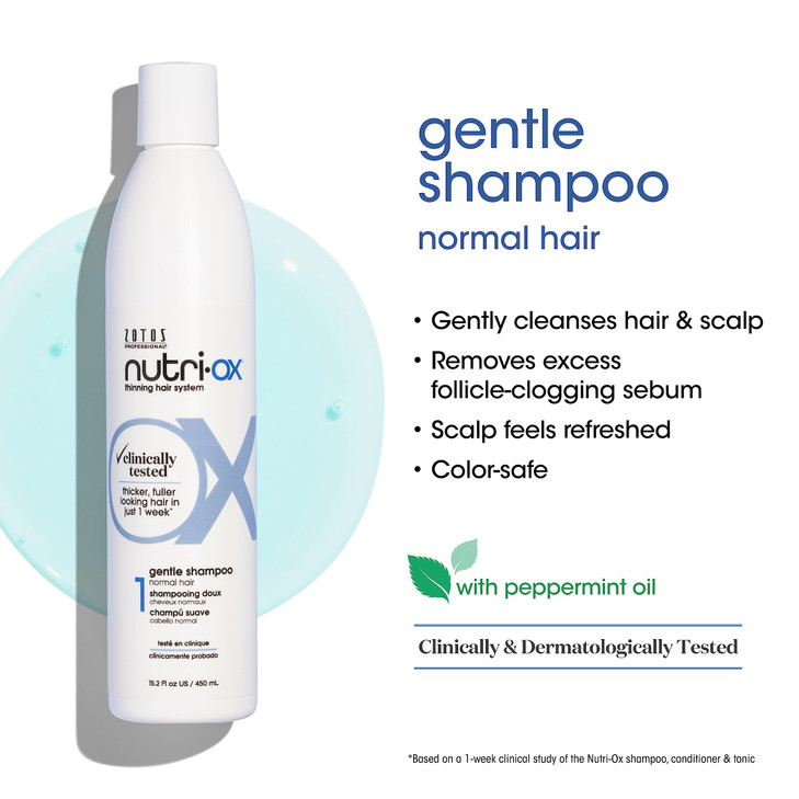 NUTRI-OX Gentle Shampoo Normal for Thinning Hair | Thicker, Fuller-Looking Hair | Clinically & Dermatologically Tested | Peppermint | Color-Safe | 15