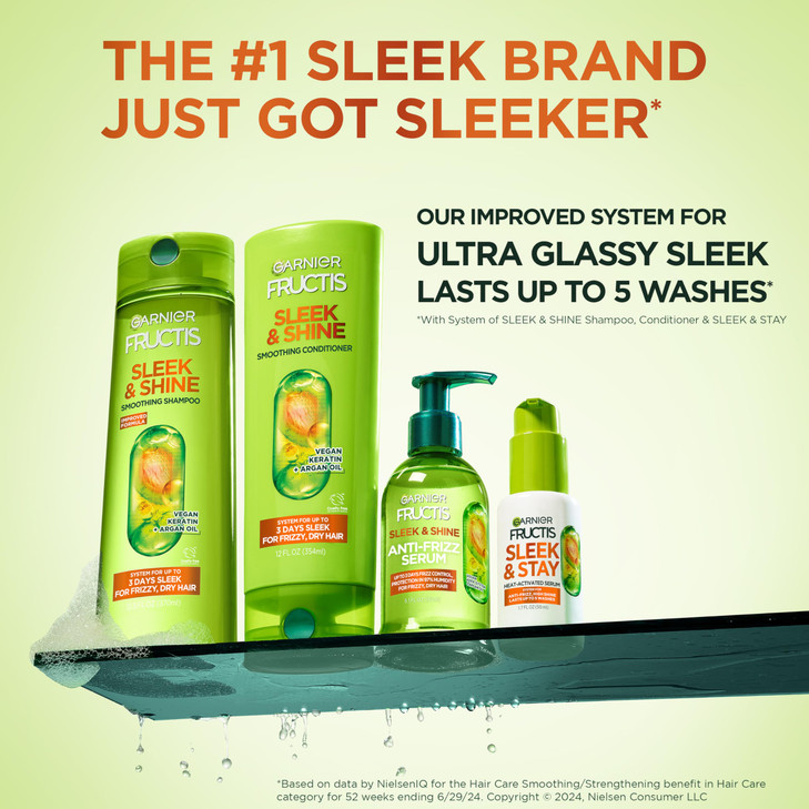Garnier Fructis Sleek & Shine Shampoo (22 Fl Oz) + Conditioner (21 Fl Oz) Set for Frizzy, Dry Hair, Plant Keratin + Argan Oil (2 Items), 1 Kit (Packa