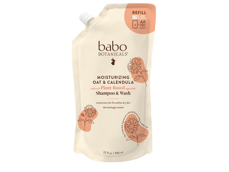 BABO Botanicals Moisturizing Oat & Calendula 2-in-1 Shampoo & Wash - for Dry or Sensitive Skin - for All Ages - Lightly Scented - Vegan - Refill pouc