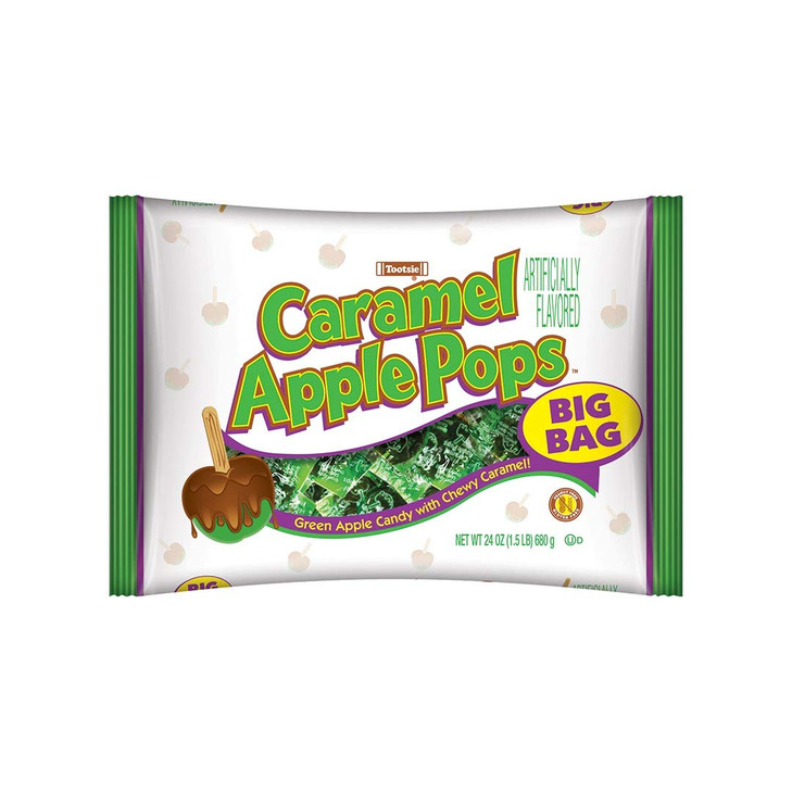 Tootsie Roll Caramel Apple Pops - Individually Wrapped Caramel Covered Green Apple Candy Lollipops - Bulk Peanut Free, Gluten Free Candy - 24 Count (