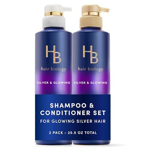 Hair Biology Biotin-Infused Purple Shampoo and Conditioner Set for Grey Hair, Anti-Brassiness, Moisturizing, Color-Safe, Silver & Glowing, Corrects Y