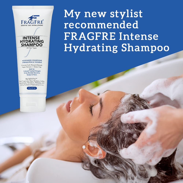FRAGFRE Intense Hydrating Shampoo 8 oz - Fragrance Free Hypoallergenic Sulfate Free Moisturizing Shampoo - Safe on Colors and Sensitive Scalps - Stre