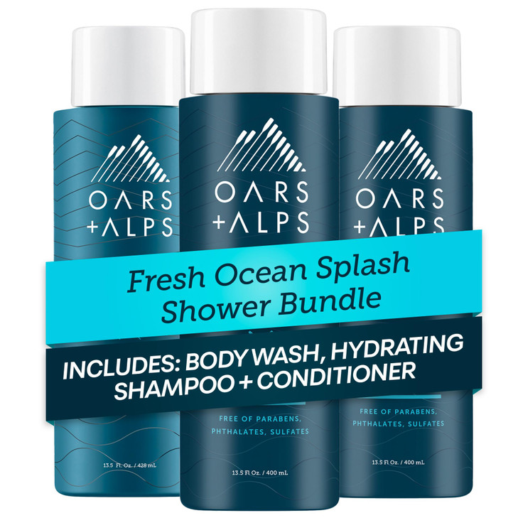 Oars + Alps Men's Sulfate Free Hair Shampoo, Conditioner, and Body Wash Kit, Moisturizing Skin Care Infused with Kelp and Algae Extracts, Fresh Ocean