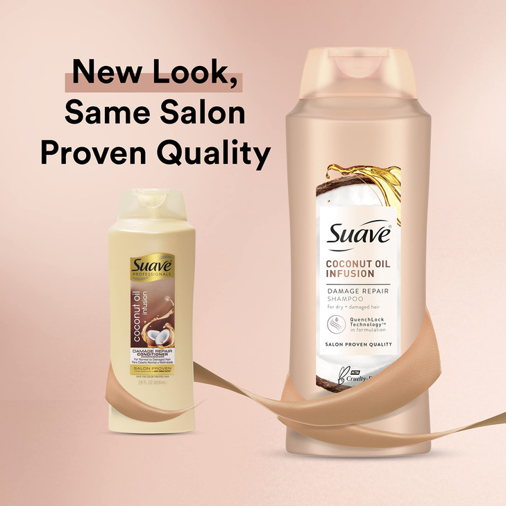 Suave Professionals Damage Repair Shampoo + Conditioner Coconut Oil, 28 Fl Oz (Pack of 4)