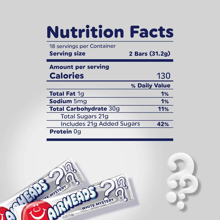Airheads Full-Size Candy Bars, Taffy Candy Bulk Pack, Individually Wrapped, White Mystery Fruit Flavor Artificially Flavored, 36 Count Box