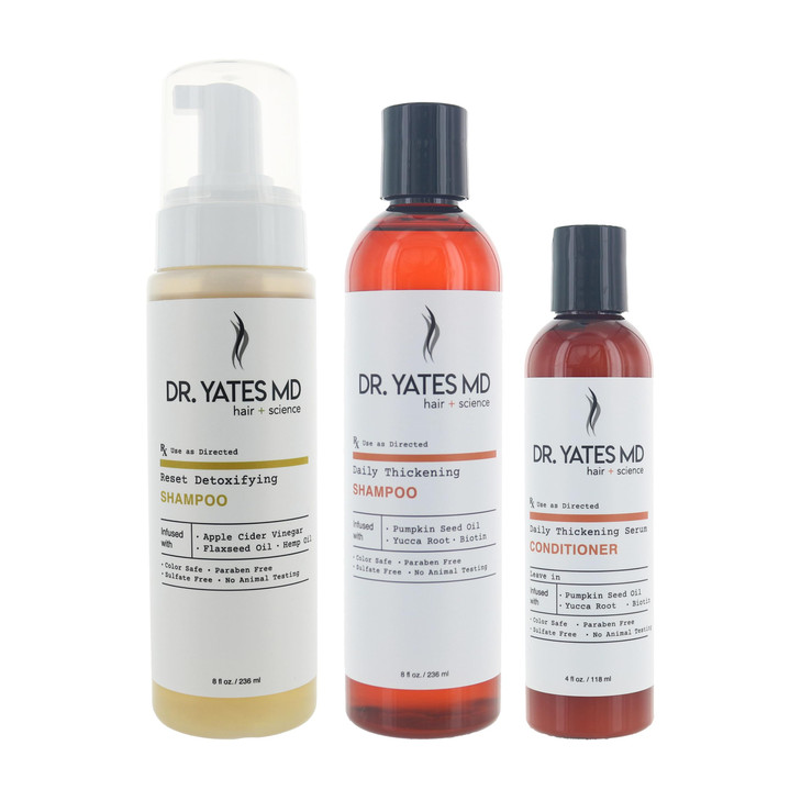 Dr. Yates MD - Hair Thickening Bundle - Bundle with Daily Thickening Shampoo + Daily Thickening Serum Leave in Conditioner + Reset Detoxifying Shampo