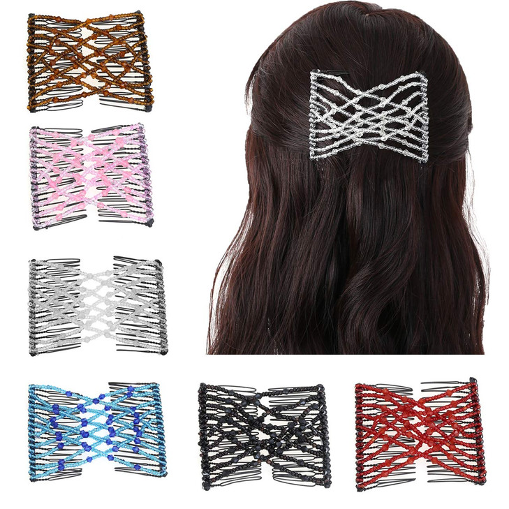CCbeauty 6 Pcs Magic Hair Comb Elastic Beaded Hair Clips Women Decorative Accessories,Bride Double Slides Stretching Hairpins Combs for Ladies Girls
