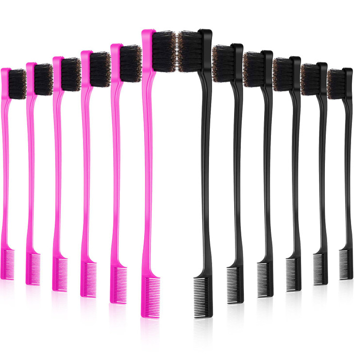 BBTO 10 Pcs Edge Brush 2-in-1 Double Sided Hair Edges Brushes and Combs Combo Pack, Smooth Grooming and Edge Control (Rose and Black)