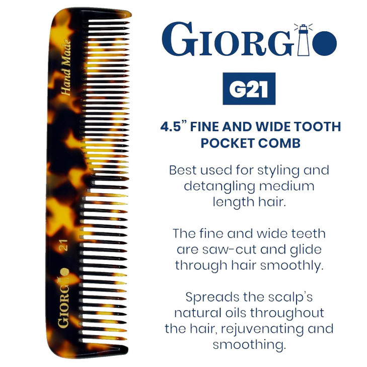 Giorgio G21 Fine Tooth and Wide Tooth Pocket Comb - Hair Styling Combs for Men and Women, Handmade Mustache and Beard Comb for Men for Grooming, Saw