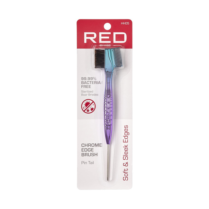 RED by Kiss Chrome Edge Brush, 3-in-1 Bacteria-Free Boar Bristle Hair Styling Brush & Comb, Sterilized Bristles for Edges, Baby Hairs, Brows & Lashes