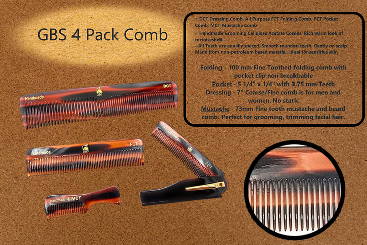 Handmade Tortoise Shell Comb Set  Pack of 4 Premium Fine-Tooth Combs for Men & Women  Includes Pocket, Folding, Dressing & Mustache Combs  Stylish