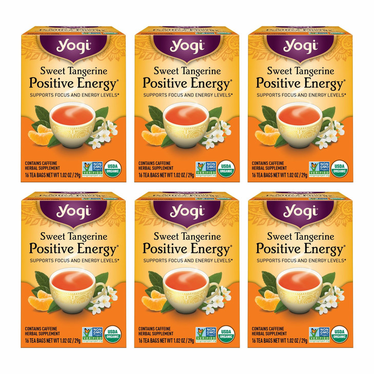 Yogi Sweet Tangerine Positive Energy Tea - 16 Tea Bags per Pack (6 Packs) - Organic Tangerine Energy Tea - Includes Black Tea Leaf, Yerba Mate Leaf,