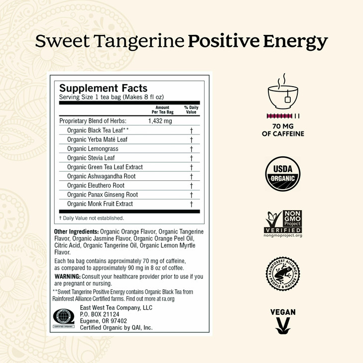 Yogi Sweet Tangerine Positive Energy Tea - 16 Tea Bags per Pack (6 Packs) - Organic Tangerine Energy Tea - Includes Black Tea Leaf, Yerba Mate Leaf,