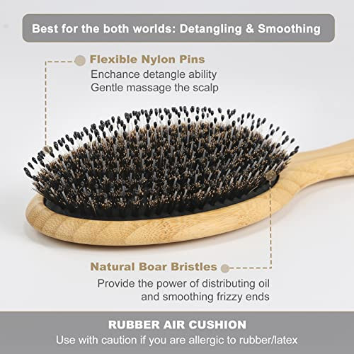 BESTOOL Hair Brush-Boar Bristle Hair Brushes Natural Bamboo Wooden Cushion Massage Anti Static Large Paddle Hairbrush for Women Men and Kid (Round)