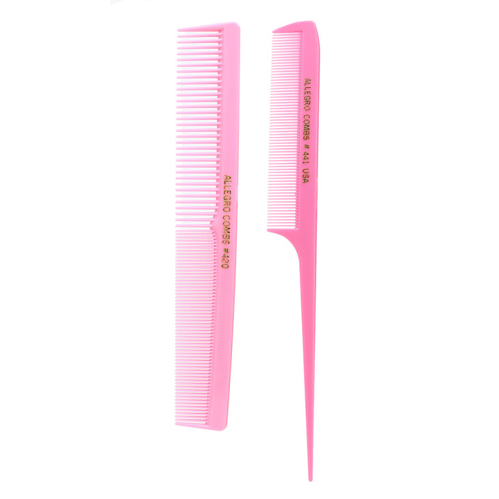 Allegro Combs Rubber Hair Styling Combs Set for Men, Women, Kids - Includes Rat Tail Comb and Barber Comb, Fresh Pink, 2 Count